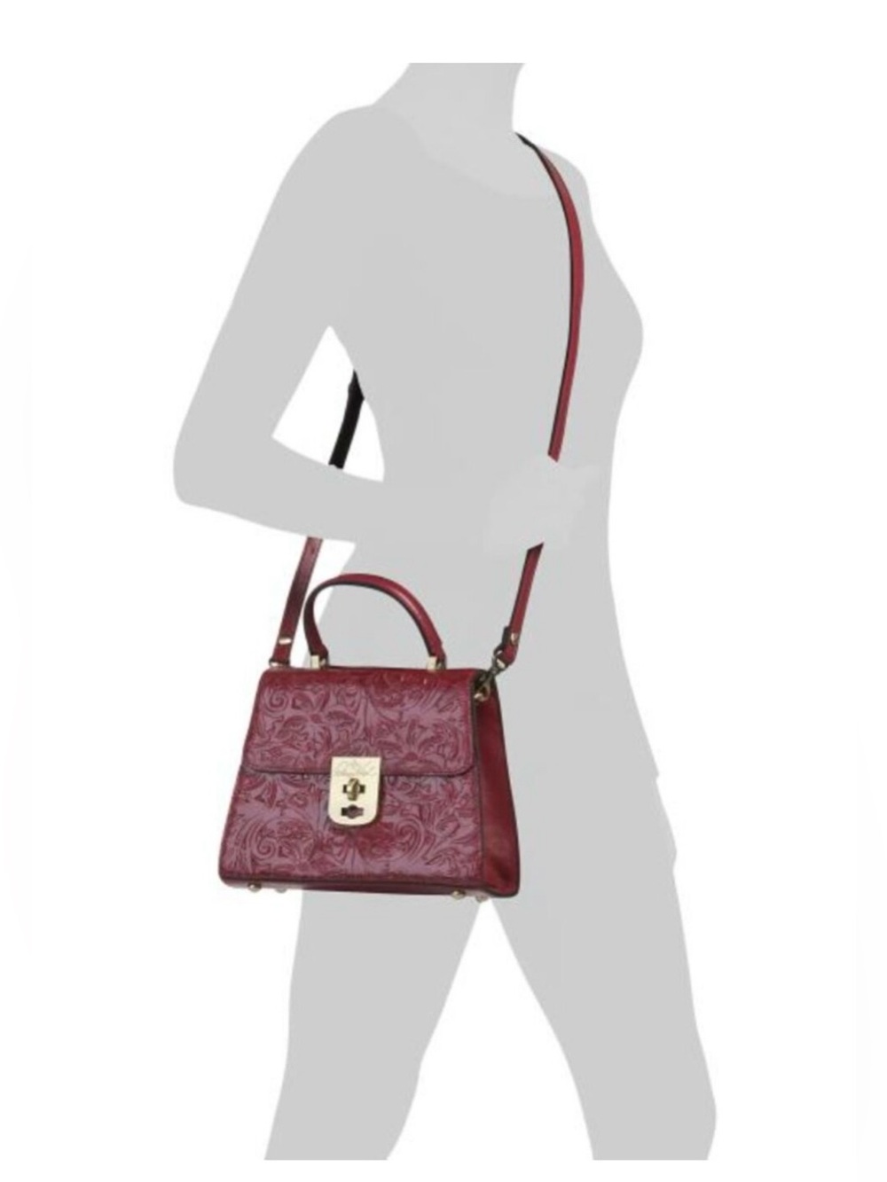 Patricia Nash Tooled Leather Top Handle Crossbody Satchel Burgundy Floral Bag - Picture 2 of 16